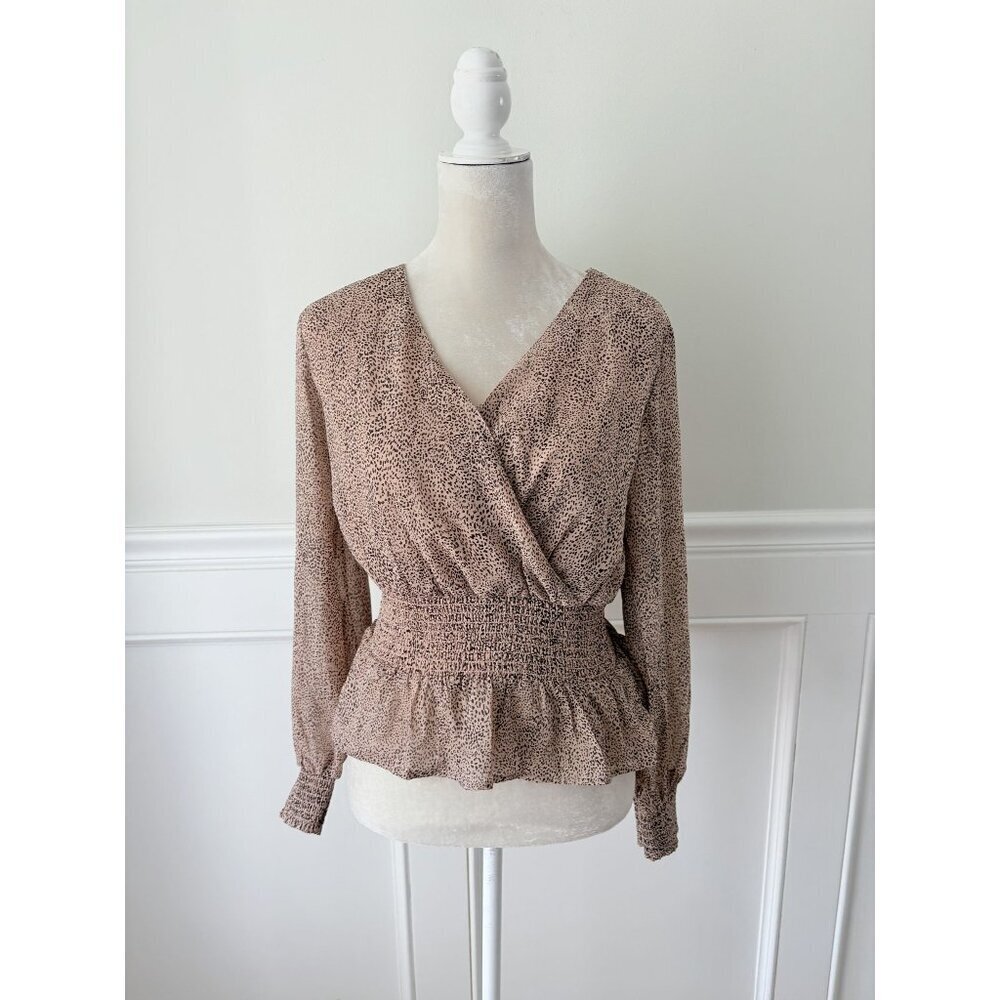 Japna M Leopard Print Long Sleeve Surplice Top With Smocked Waist & Peplum Hem